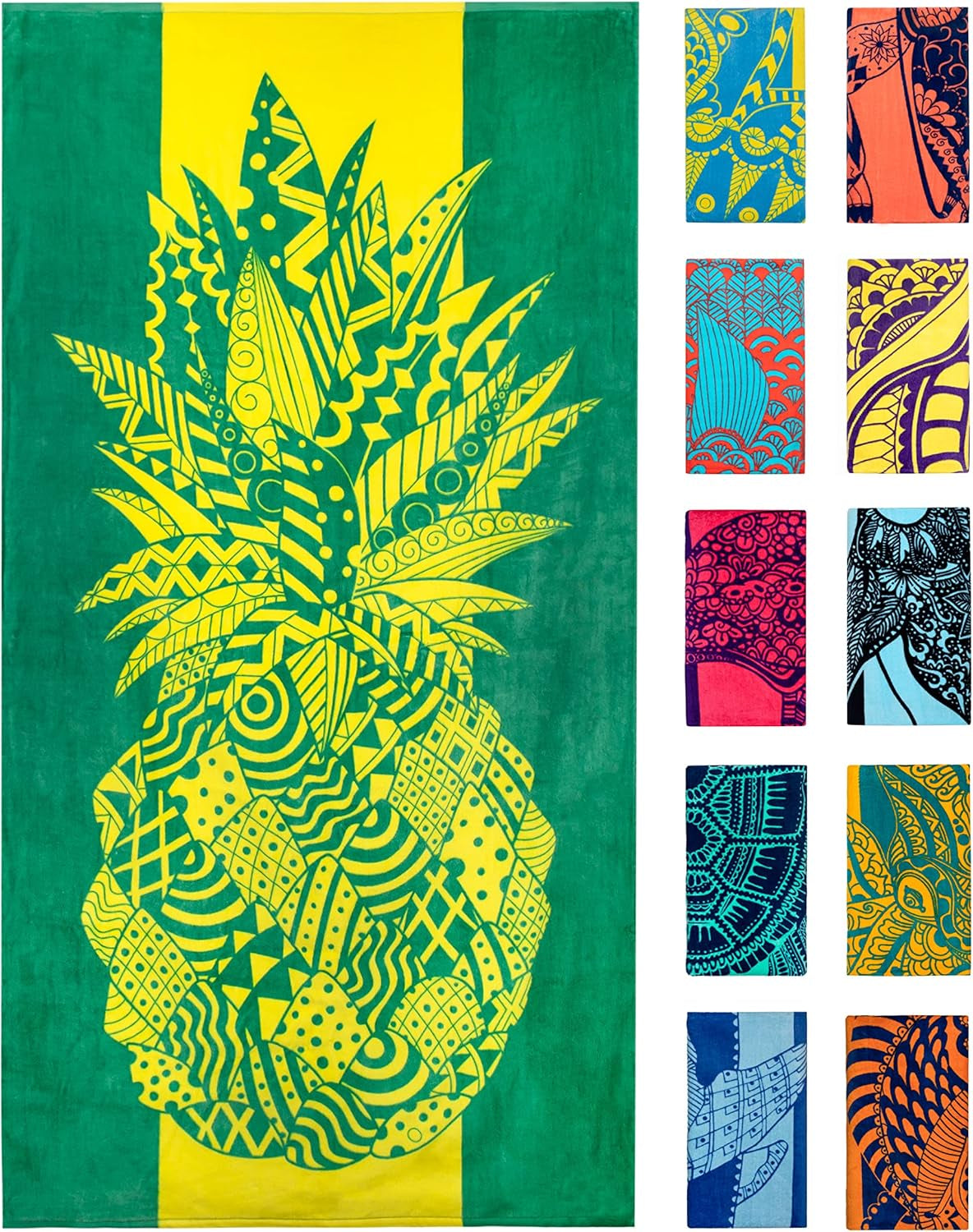 Pineapple Beach Towel – Yellow and Green with a Tropical Design, Extra Large, XL (34”X 63”) Tropical Fruit, Yellow Beach Towel with Unique Design Made from 100% Cotton
