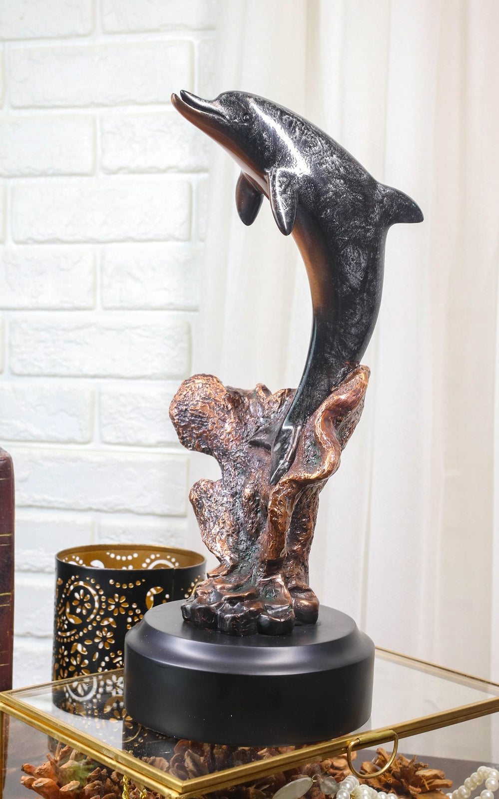 Jumping Dolphin Statue - Figurine 10.5" Height Bronze Electroplated Figurine