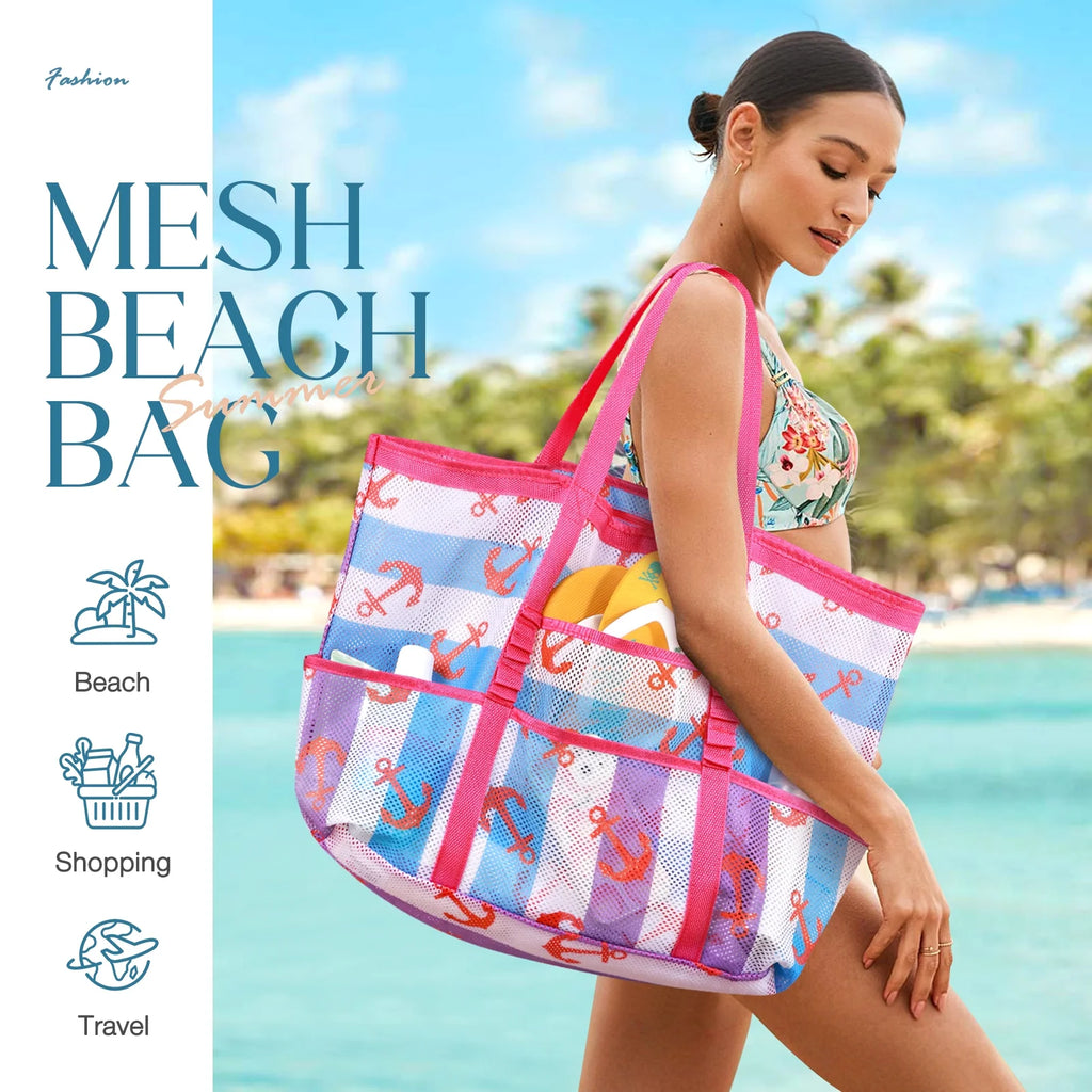 Mesh Beach Bag Rope Handles, Mesh Tote Bag for Women Contains Wicker Oversized Beach Tote Bag with 9 Small Pockets (Pink)