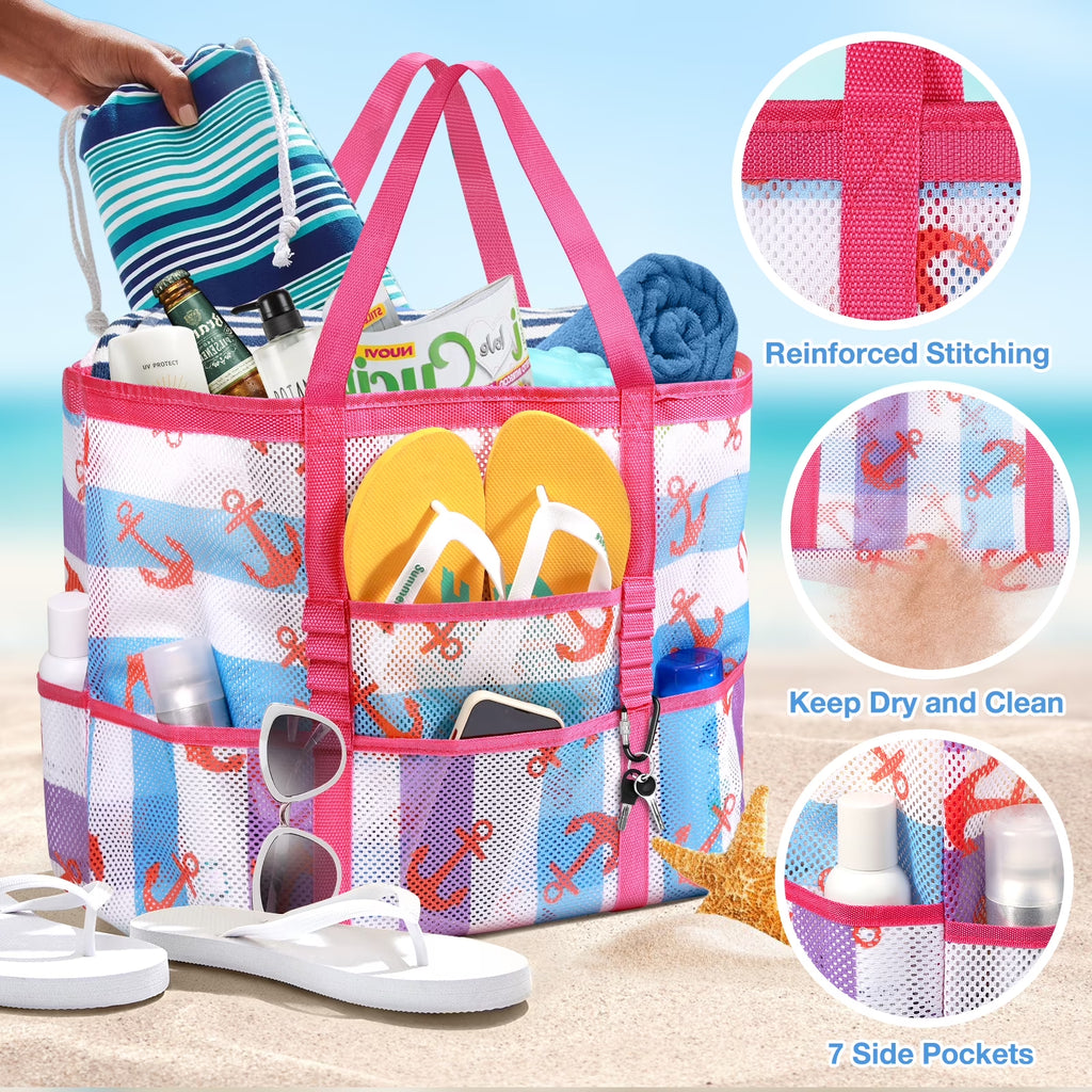 Mesh Beach Bag Rope Handles, Mesh Tote Bag for Women Contains Wicker Oversized Beach Tote Bag with 9 Small Pockets (Pink)