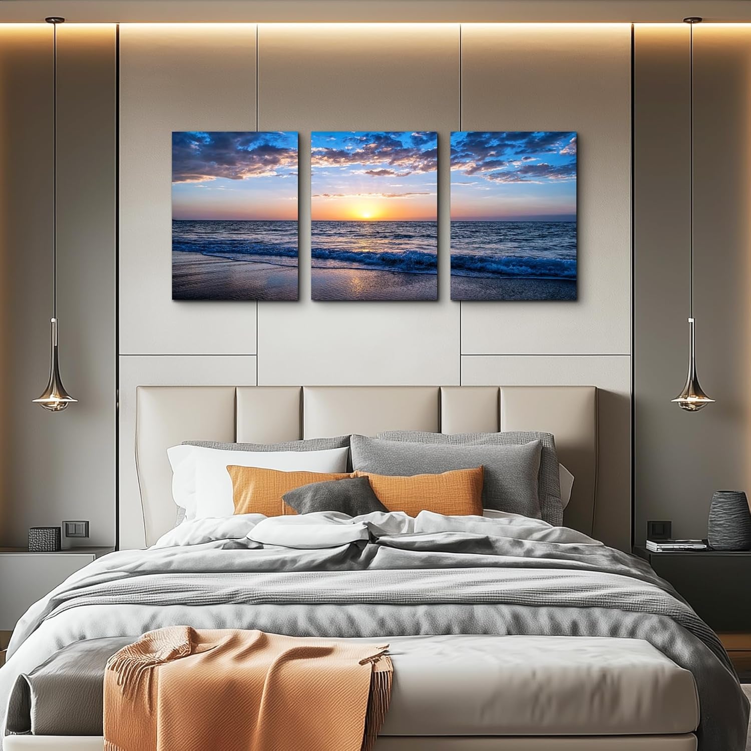 Set of 3 Wall Art Canvas Prints, Beach Sunrise Sunset Pictures Wall Decor Ocean Waves Nature Seascape Poster Coastal Landscape Painting for Living Room, Bedroom, Office Home Decor