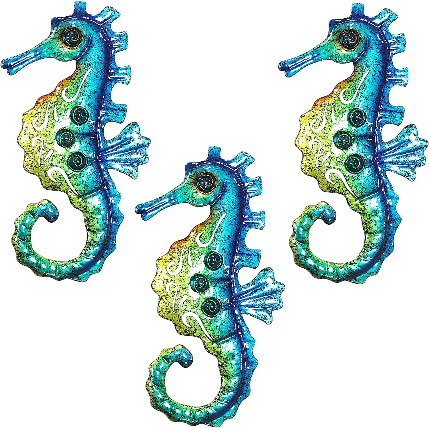 Seahorse Wall Art Decor, Metal Coastal Ocean Decor Beach Themed Decoration for Bathroom Bedroom Fence Home Indoor Outdoor, Nautical Tropical Decor, Set of 3, 10 Inch