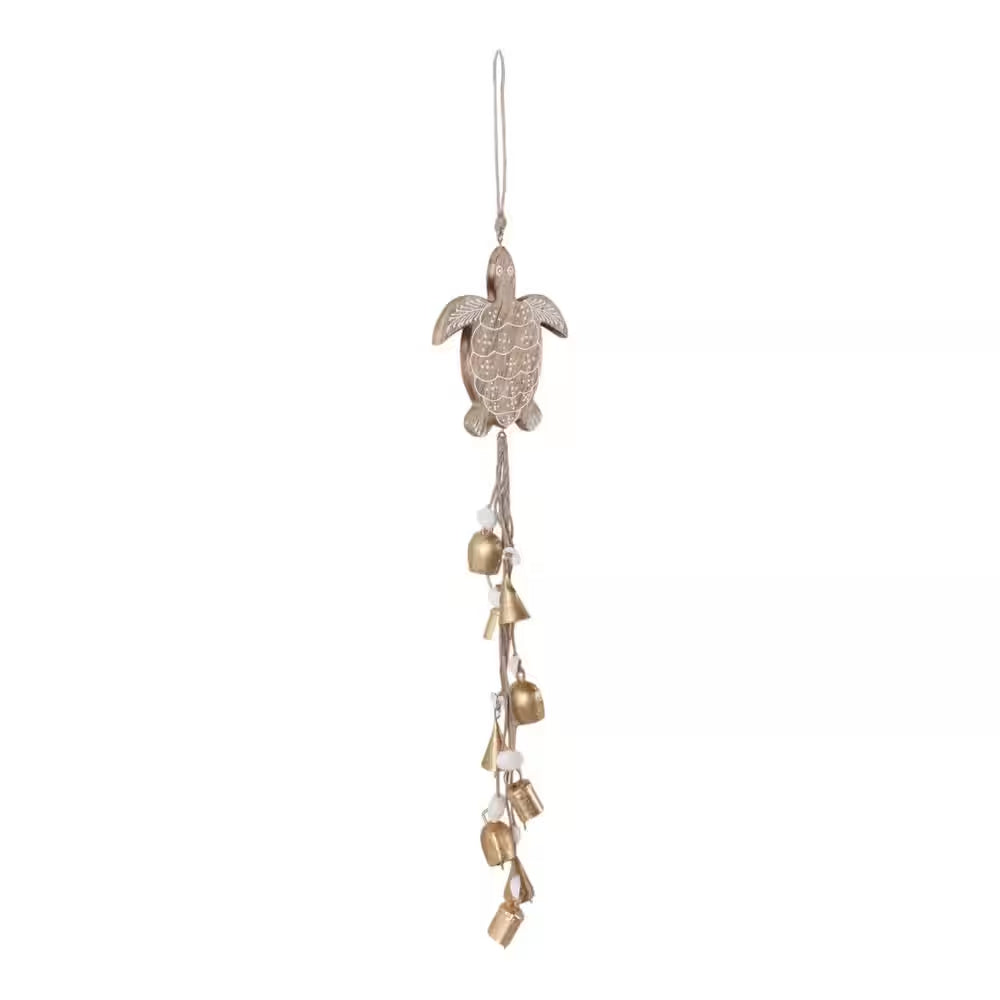Brown 29 In. X 5.75 In. Wood Sea Turtle with Shells Wind Chime