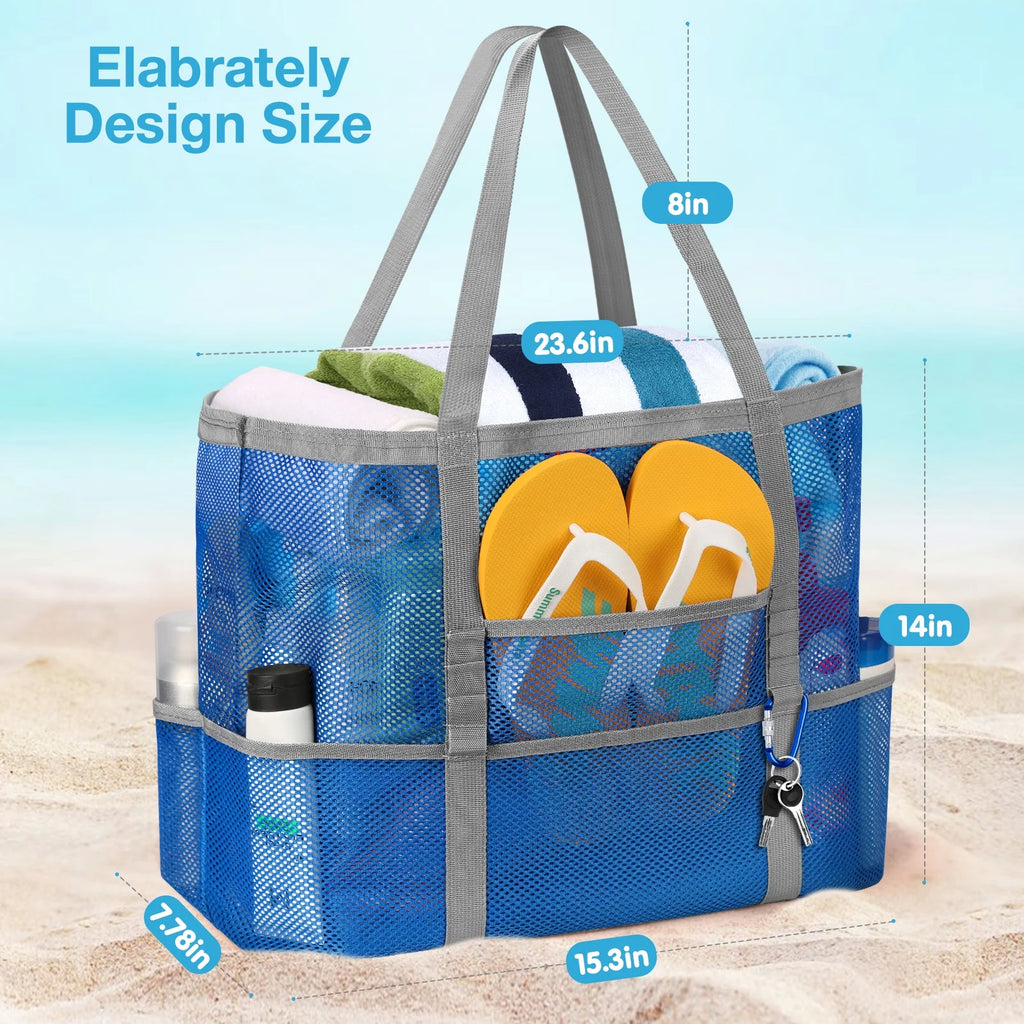 Mesh Beach Bag Rope Handles, Mesh Tote Bag for Women Contains Wicker Oversized Beach Tote Bag with 9 Small Pockets (Blue)