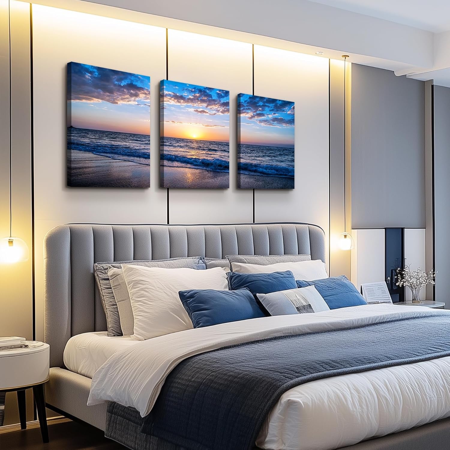 Set of 3 Wall Art Canvas Prints, Beach Sunrise Sunset Pictures Wall Decor Ocean Waves Nature Seascape Poster Coastal Landscape Painting for Living Room, Bedroom, Office Home Decor