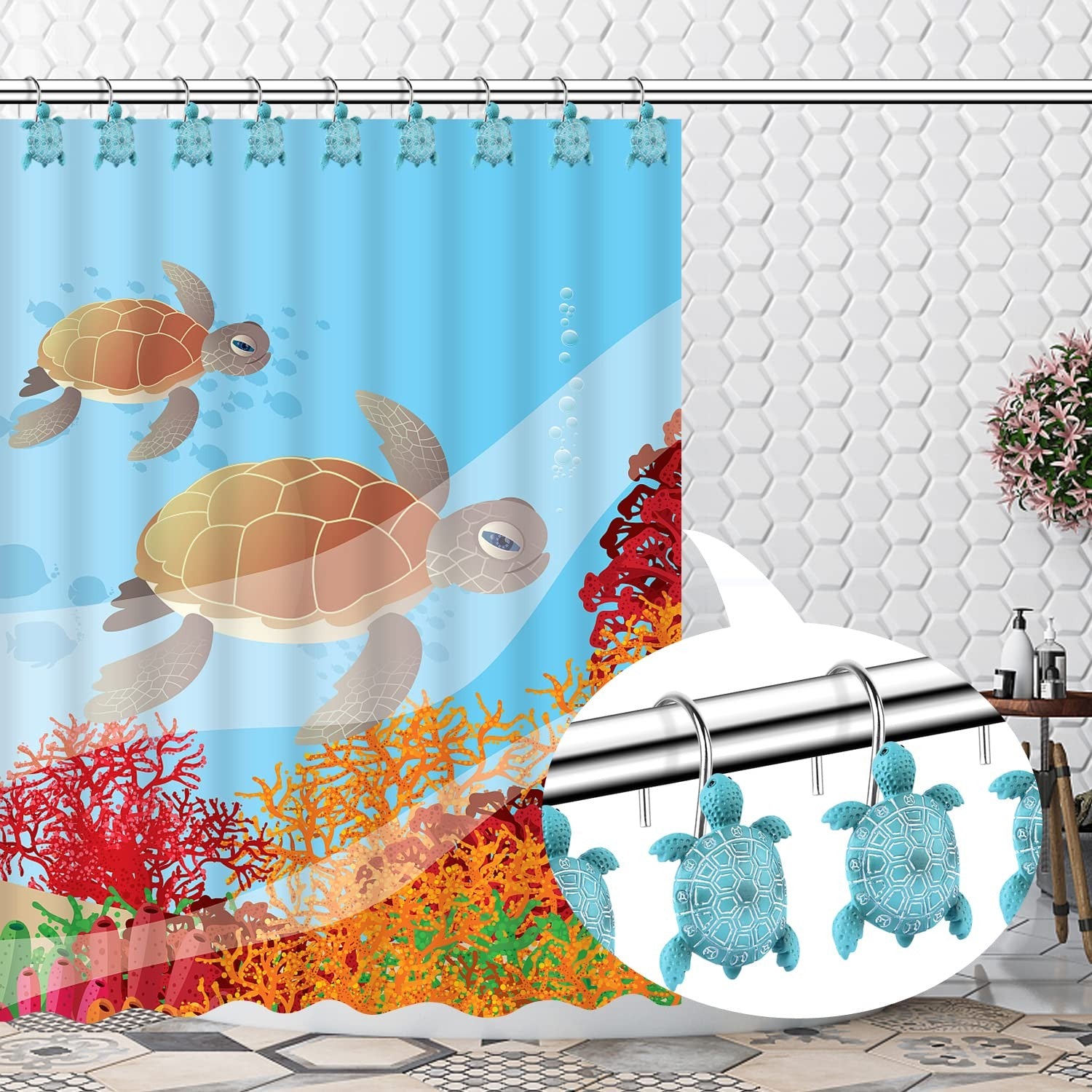 Sea Turtles Shower Curtain Hooks Rings for Bathroom, Metal Shower Curtain Hanger