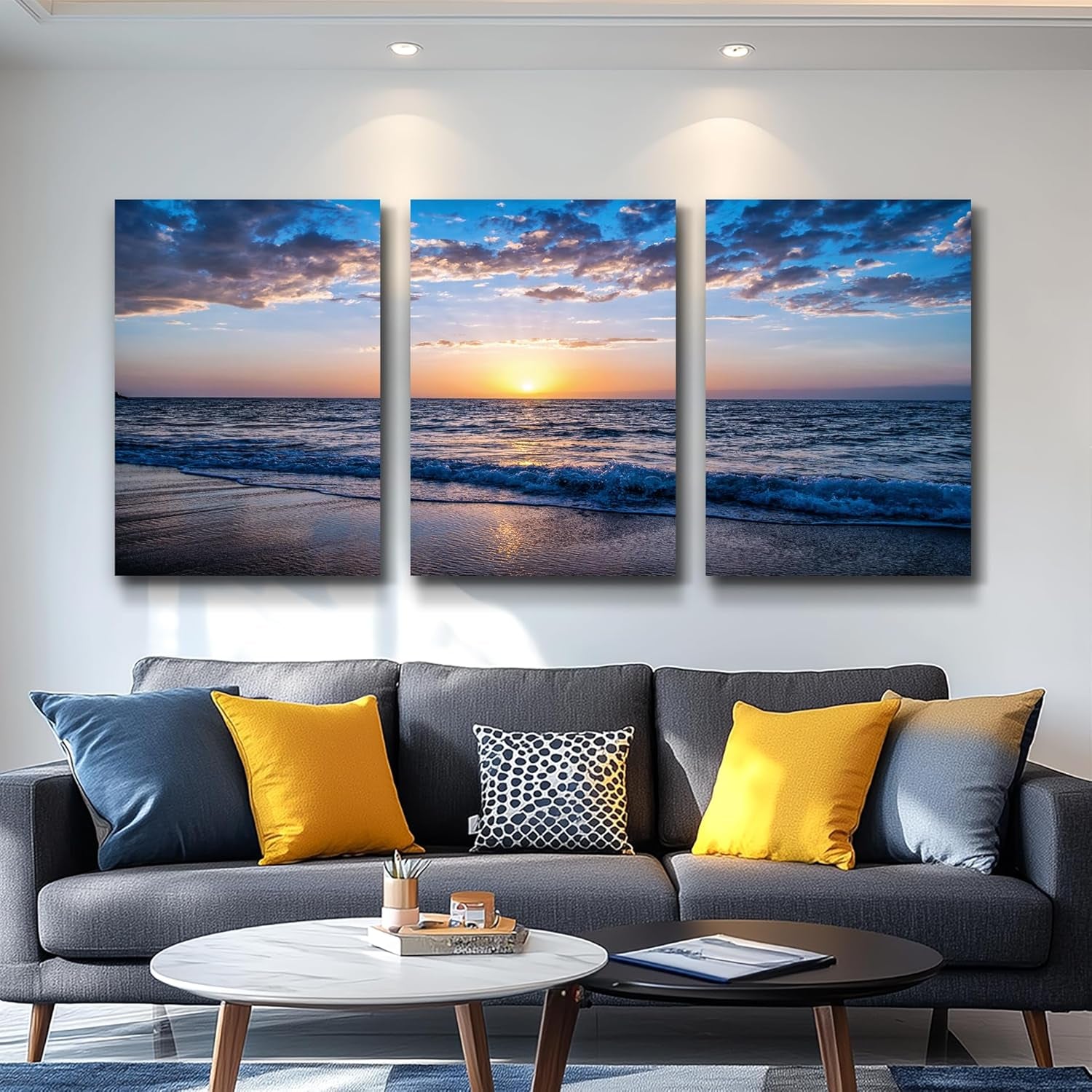 Set of 3 Wall Art Canvas Prints, Beach Sunrise Sunset Pictures Wall Decor Ocean Waves Nature Seascape Poster Coastal Landscape Painting for Living Room, Bedroom, Office Home Decor