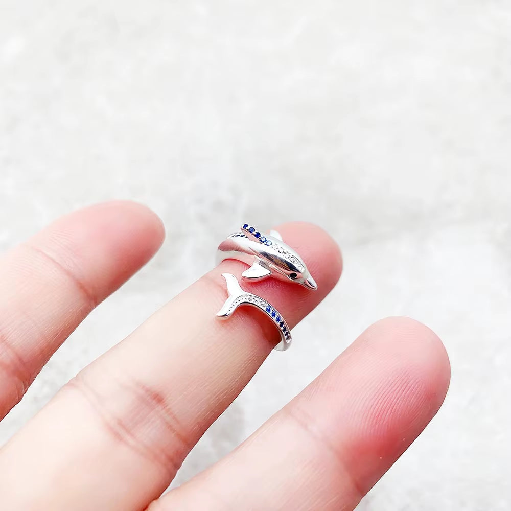 Ring Dolphin with Blue Stones Brand New Trendy Fine Jewelry Pure 925 Strerling Silver Cheerful Gift for Women