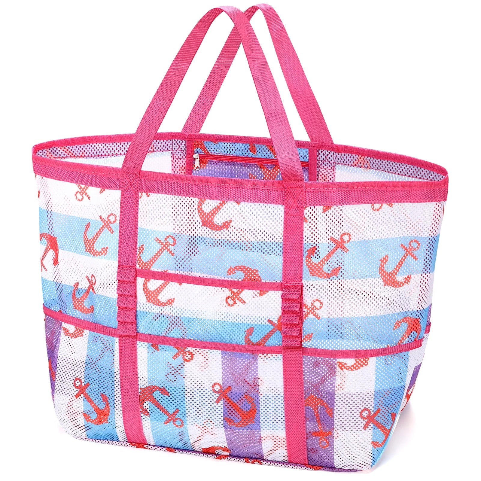 Mesh Beach Bag Rope Handles, Mesh Tote Bag for Women Contains Wicker Oversized Beach Tote Bag with 9 Small Pockets (Pink)