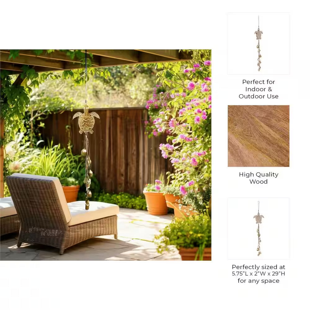 Brown 29 In. X 5.75 In. Wood Sea Turtle with Shells Wind Chime