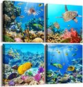 Bathroom Wall Decor Canvas Wall Art for Living Room Office Decor Modern Bedroom Home Decor 4 Panels Stretched and Framed Ready to Hang Blue Ocean Theme Sea Fish and Sea Turtles Undersea World Draw