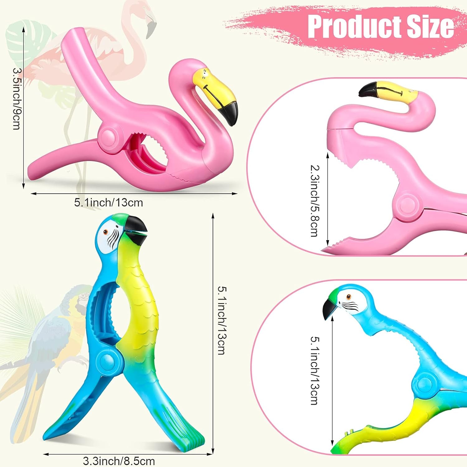 4 Pcs Beach Towel Clip Jumbo Size Windproof Towel Clips for Beach Chairs Cruise Patio Pool or Daily Secure Hold Clothes Pins(Parrot, Flamingo,Blue, Pink)