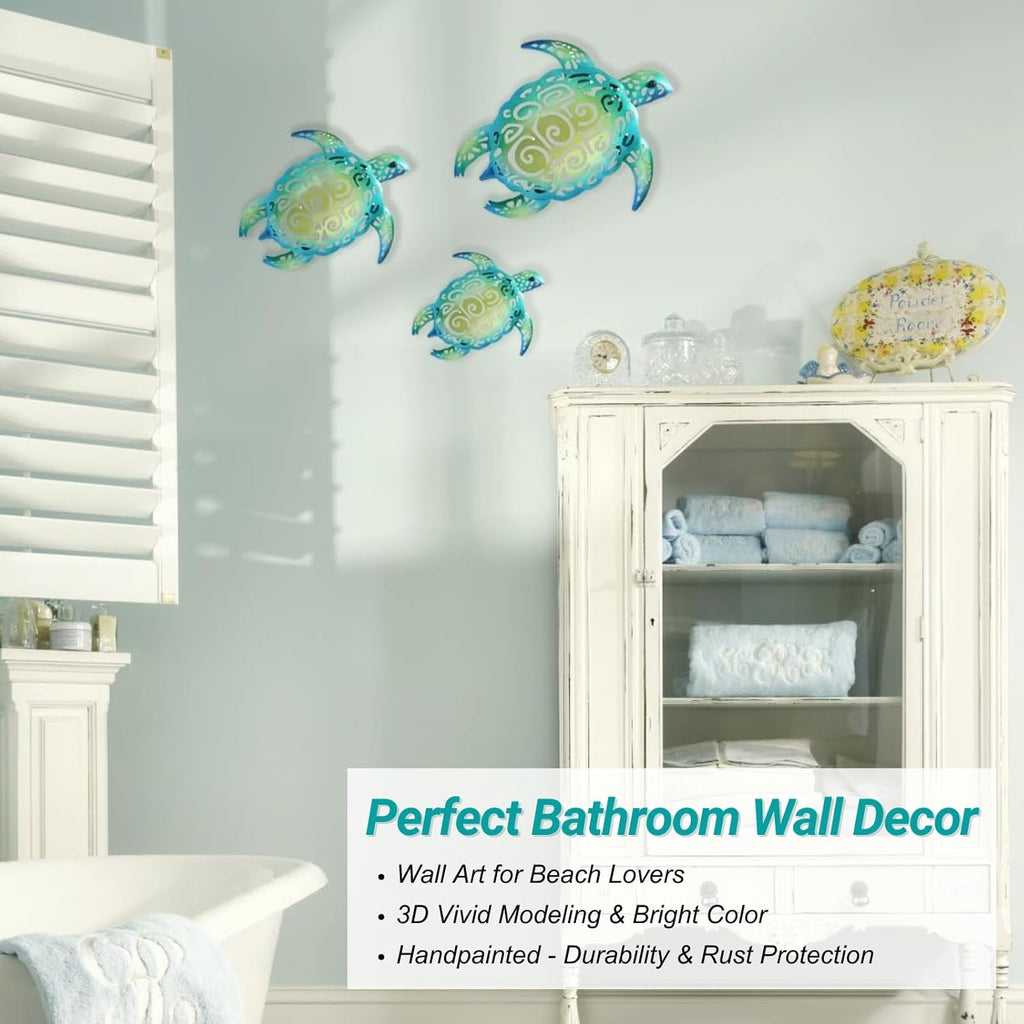 Set of 3 Metal Sea Turtle Beach Theme Decor Wall Art Decorations for Indoor Outdoor Bathroom Garden