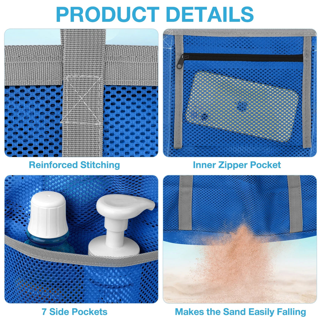 Mesh Beach Bag Rope Handles, Mesh Tote Bag for Women Contains Wicker Oversized Beach Tote Bag with 9 Small Pockets (Blue)