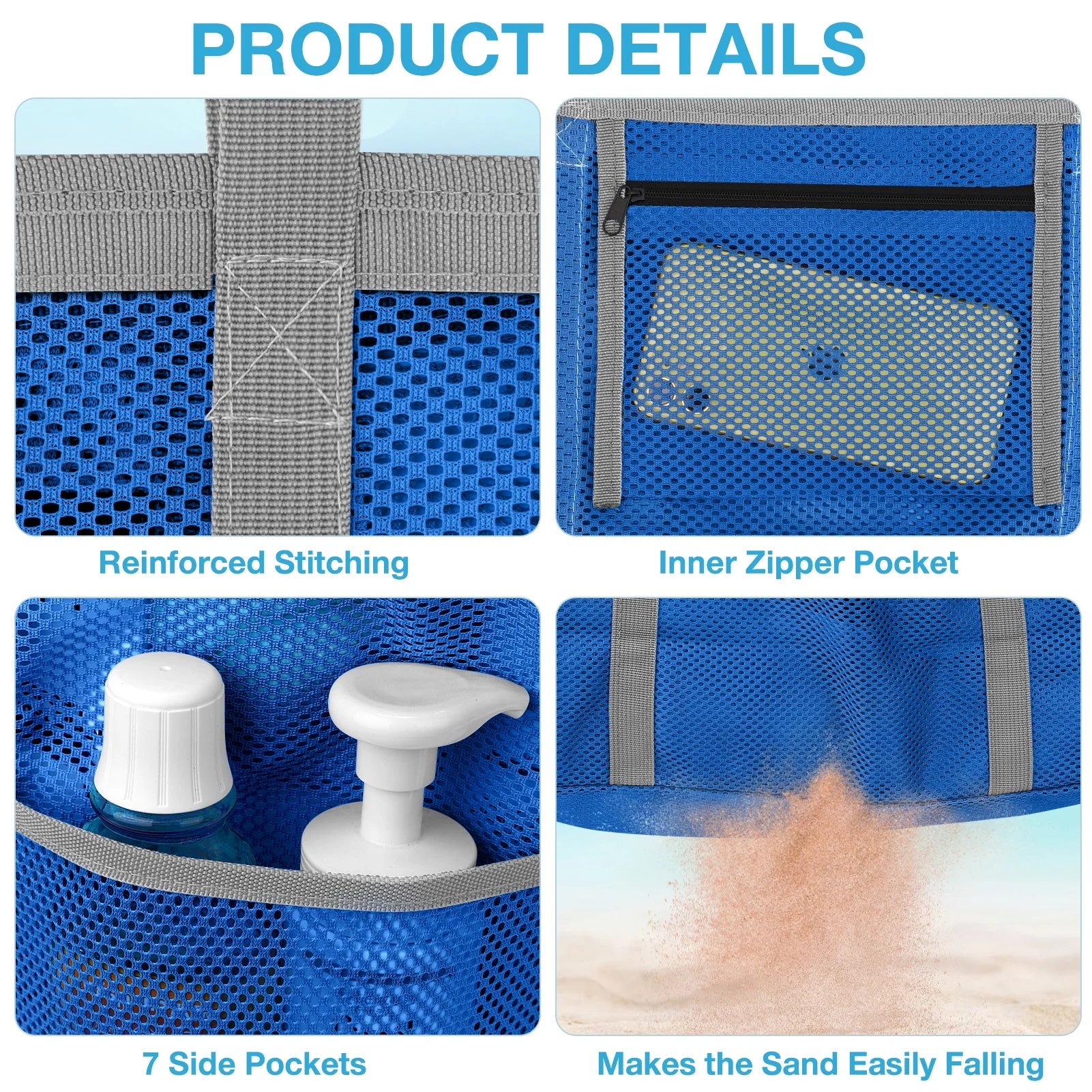 Mesh Beach Bag Rope Handles, Mesh Tote Bag for Women Contains Wicker Oversized Beach Tote Bag with 9 Small Pockets (Blue)