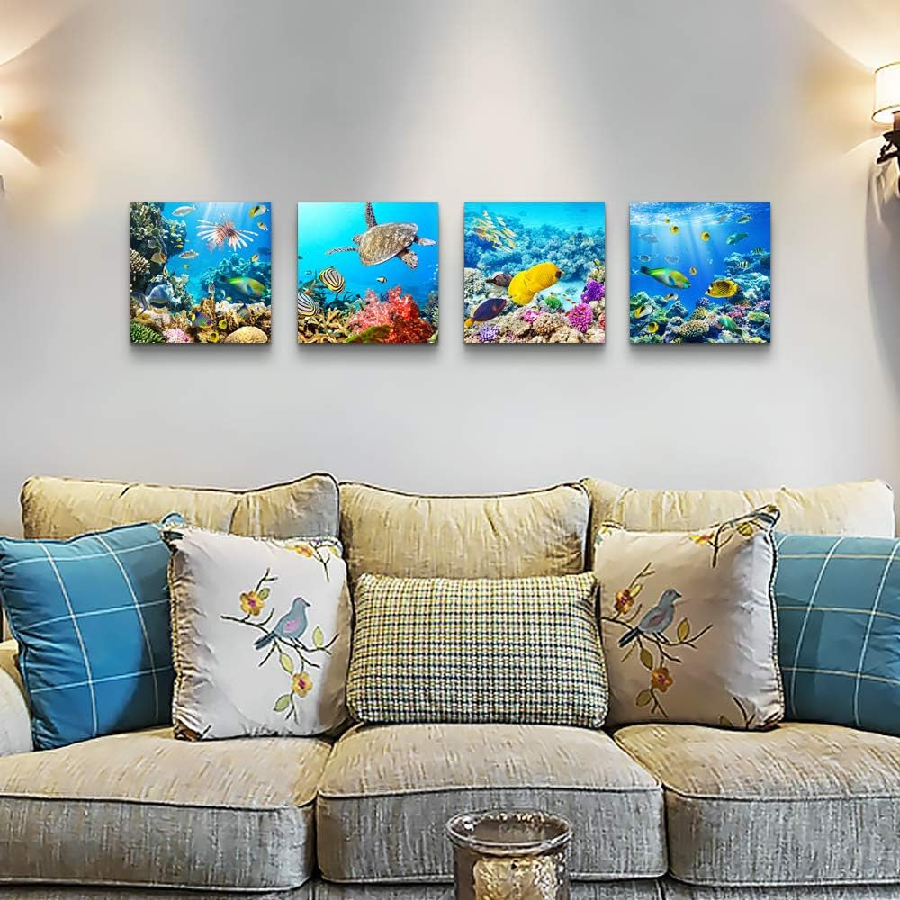 Bathroom Wall Decor Canvas Wall Art for Living Room Office Decor Modern Bedroom Home Decor 4 Panels Stretched and Framed Ready to Hang Blue Ocean Theme Sea Fish and Sea Turtles Undersea World Draw