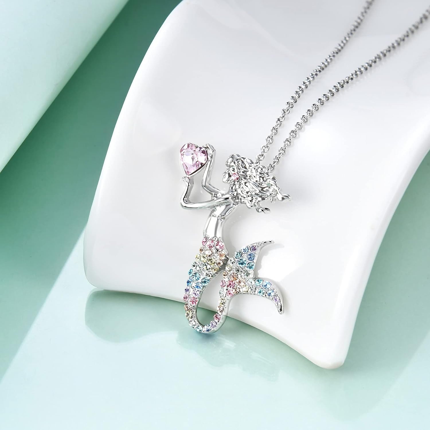 Fashion Mermaid Birthstone Necklace Jewelry White Gold Plated Austrian Crystal Pendant Gifts for Women