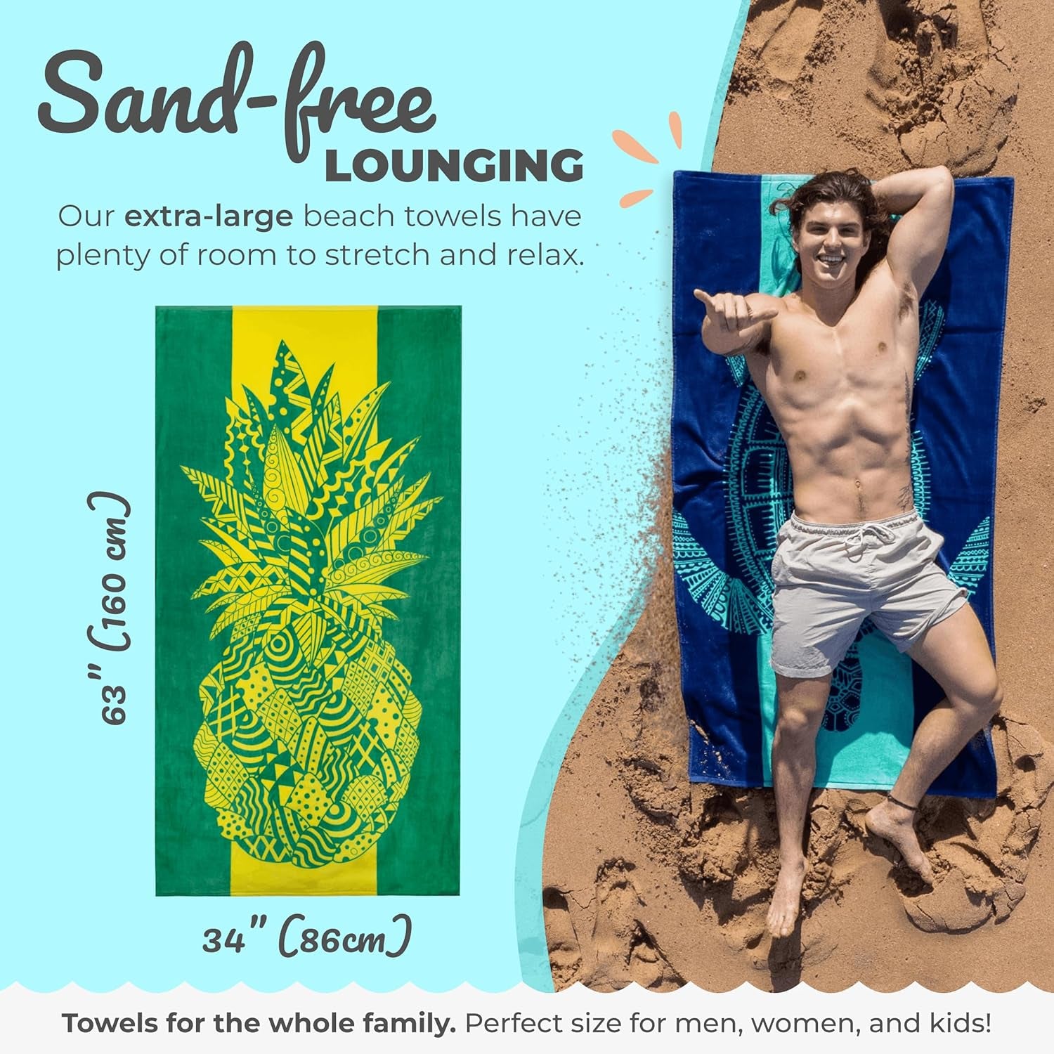 Pineapple Beach Towel – Yellow and Green with a Tropical Design, Extra Large, XL (34”X 63”) Tropical Fruit, Yellow Beach Towel with Unique Design Made from 100% Cotton
