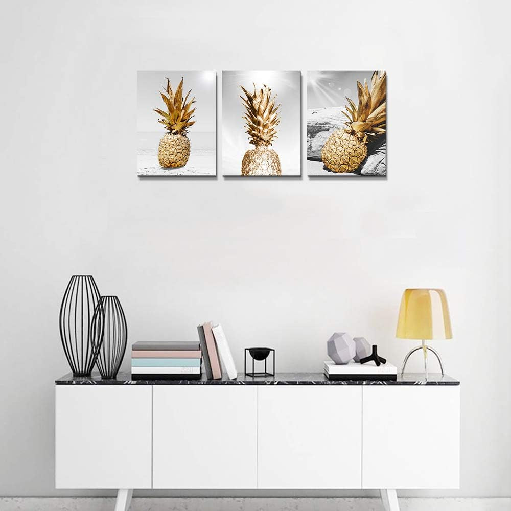 Canvas Wall Art for Bar Kitchen Restaurant Wall Decor Living Room Bathroom Home Decoration Black and White Beach Scenery Golden Pineapple Pictures Office Decor Artwork Ready to Hang 12X16 3 Piece