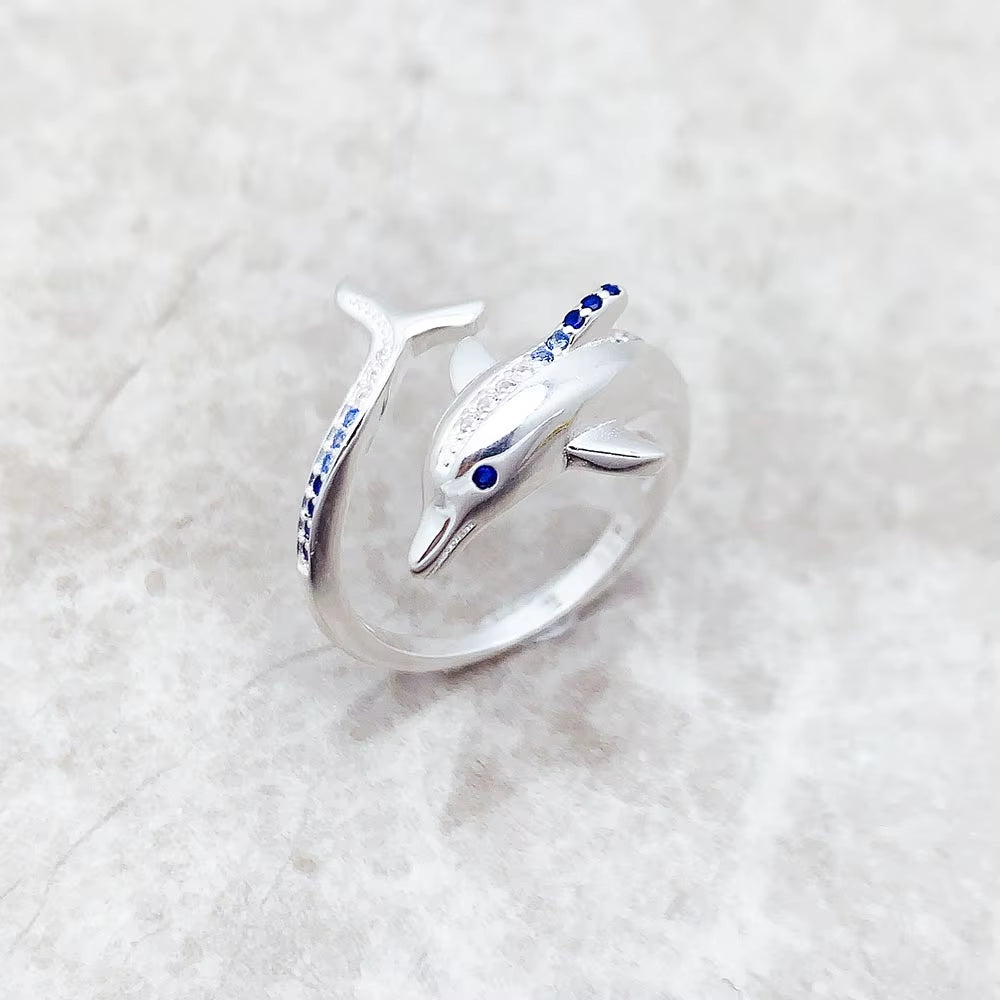 Ring Dolphin with Blue Stones Brand New Trendy Fine Jewelry Pure 925 Strerling Silver Cheerful Gift for Women