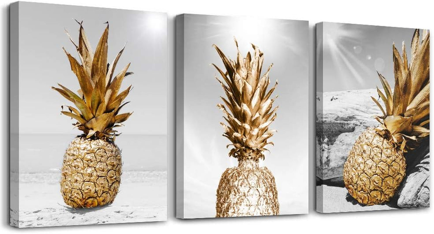 Canvas Wall Art for Bar Kitchen Restaurant Wall Decor Living Room Bathroom Home Decoration Black and White Beach Scenery Golden Pineapple Pictures Office Decor Artwork Ready to Hang 12X16 3 Piece