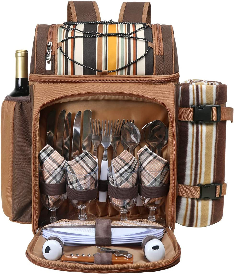 Picnic Basket Backpack for 4 Person with Insulated Leakproof Cooler Compartment, Wine Holder, Fleece Blanket, Cutlery Set, Wedding Gifts for Couples, Engagement Gifts