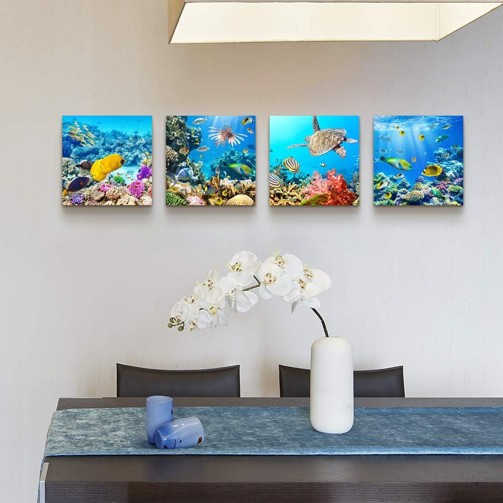 Bathroom Wall Decor Canvas Wall Art for Living Room Office Decor Modern Bedroom Home Decor 4 Panels Stretched and Framed Ready to Hang Blue Ocean Theme Sea Fish and Sea Turtles Undersea World Draw