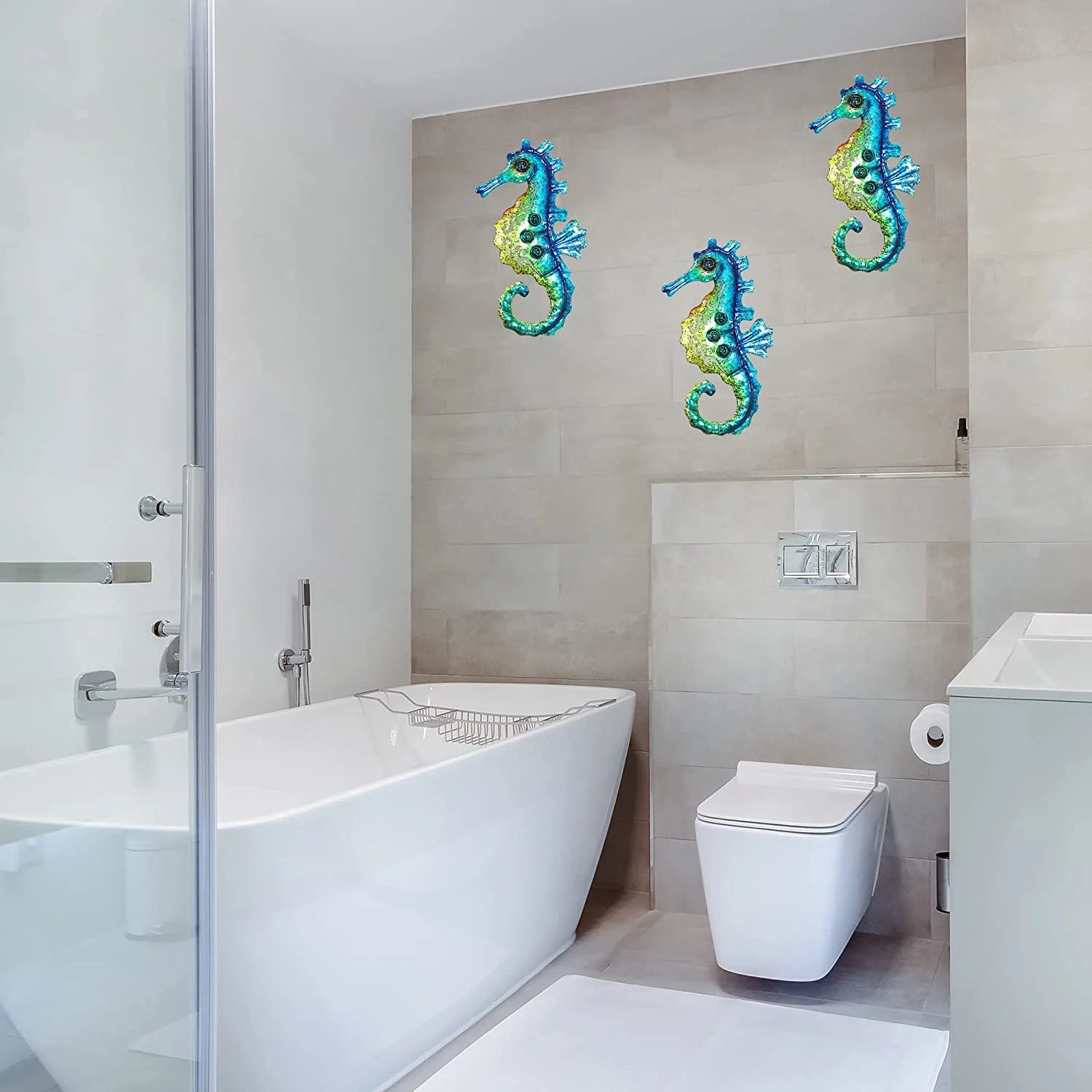 Seahorse Wall Art Decor, Metal Coastal Ocean Decor Beach Themed Decoration for Bathroom Bedroom Fence Home Indoor Outdoor, Nautical Tropical Decor, Set of 3, 10 Inch