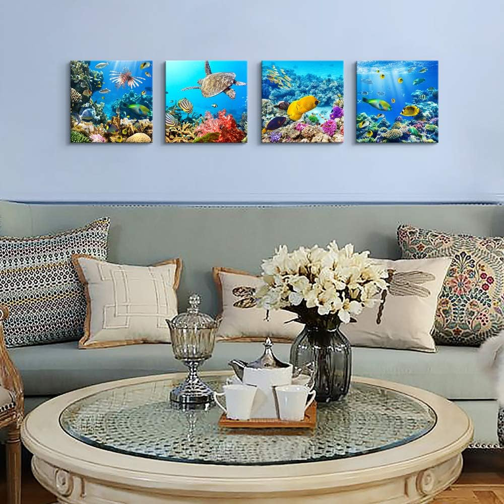 Bathroom Wall Decor Canvas Wall Art for Living Room Office Decor Modern Bedroom Home Decor 4 Panels Stretched and Framed Ready to Hang Blue Ocean Theme Sea Fish and Sea Turtles Undersea World Draw