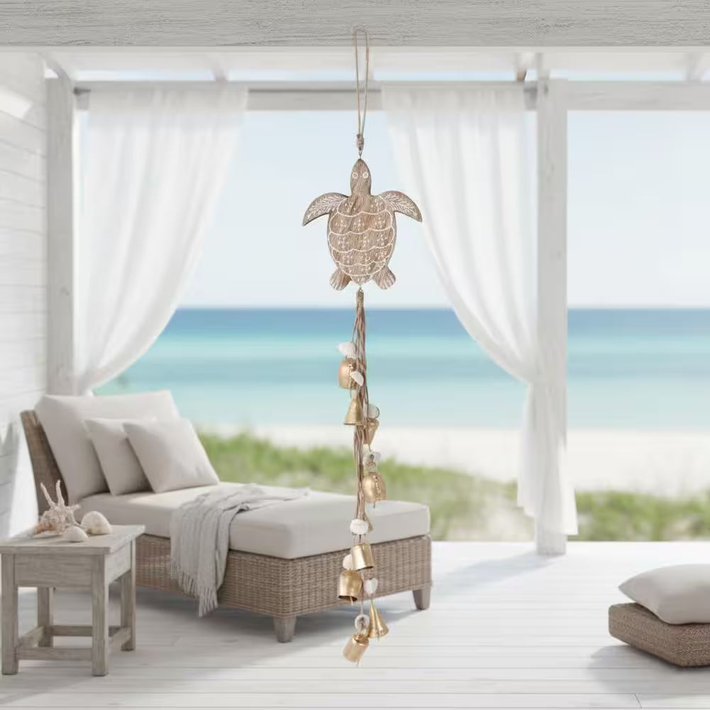 Brown 29 In. X 5.75 In. Wood Sea Turtle with Shells Wind Chime