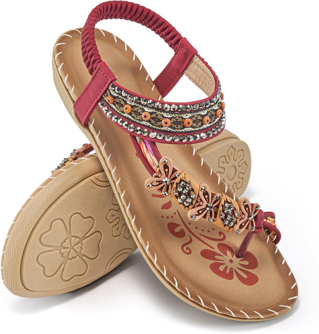 Flat Sandals for Women Summer: Casual Boho Beaded Toe Ring Dress Shoes - Comfortable Vacation Daily Walking Shoes