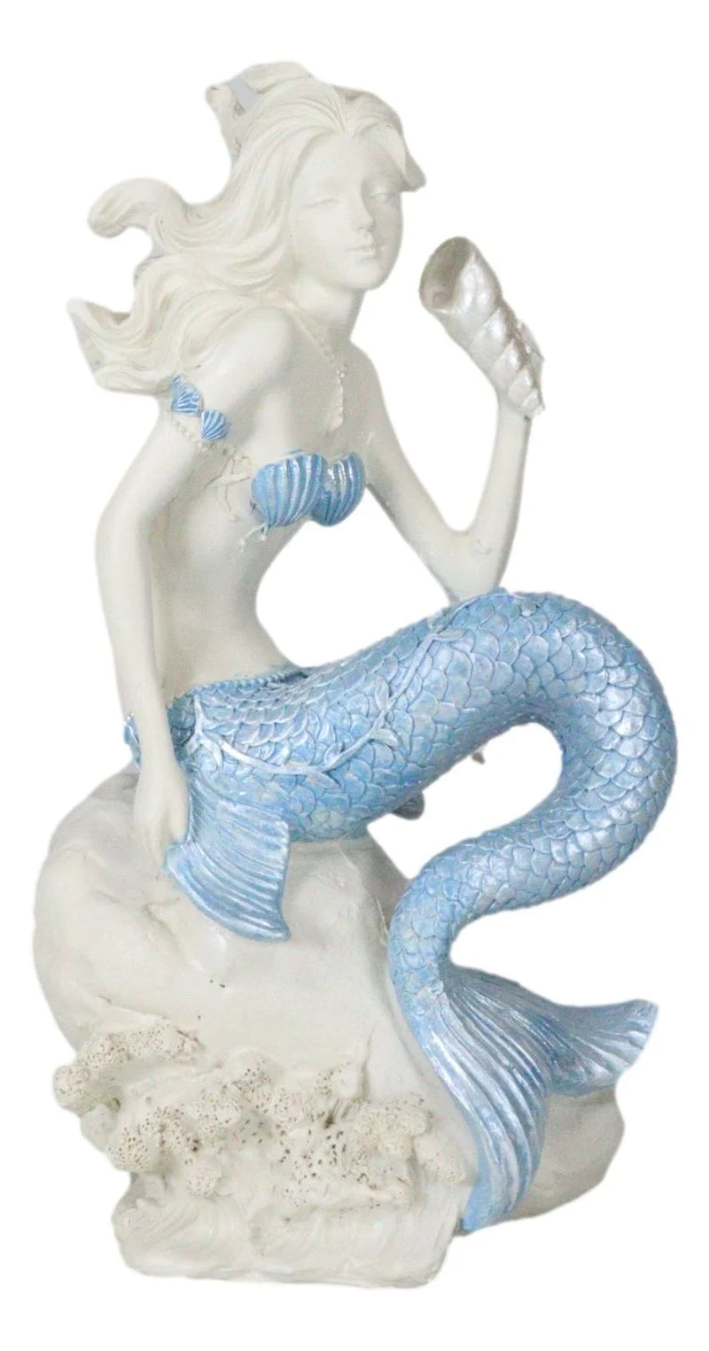 Ebros Ocean Goddess Pretty Mermaid with Blue Tail Holding Conch 8"Tall Figurine