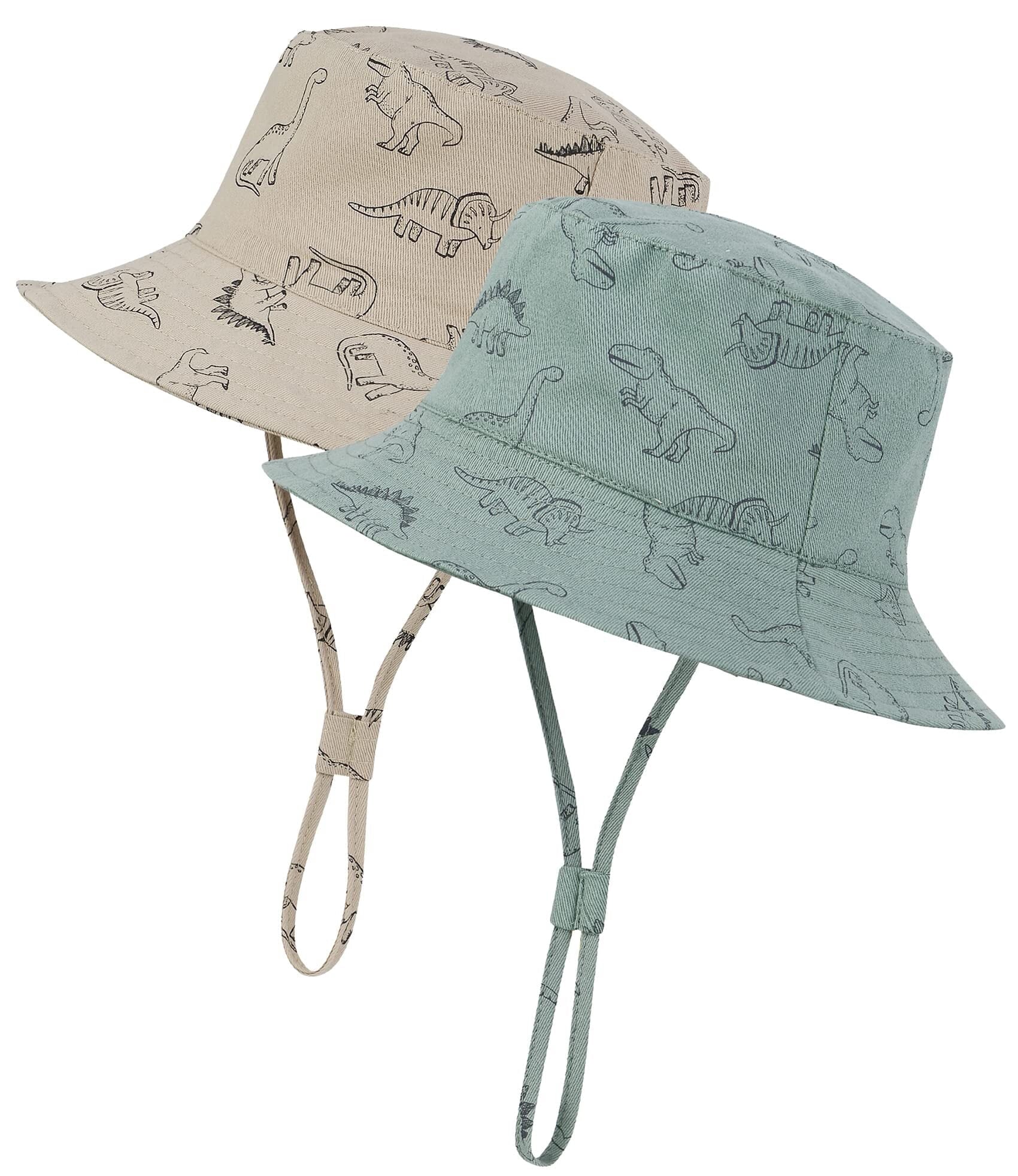 2 Pcs Baby Sun Hat Wide Brim UPF 50+ Sun Protection Hats for Toddlers Sombrero Bucket Hat Adjustable for Baby Boys and Grils 2 Pack Dinosaur Green Dinosaur Khaki 3-6 Months