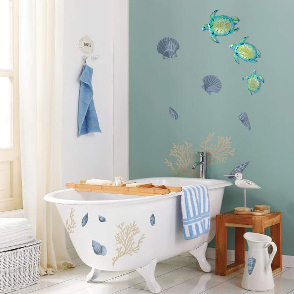 Set of 3 Metal Sea Turtle Beach Theme Decor Wall Art Decorations for Indoor Outdoor Bathroom Garden