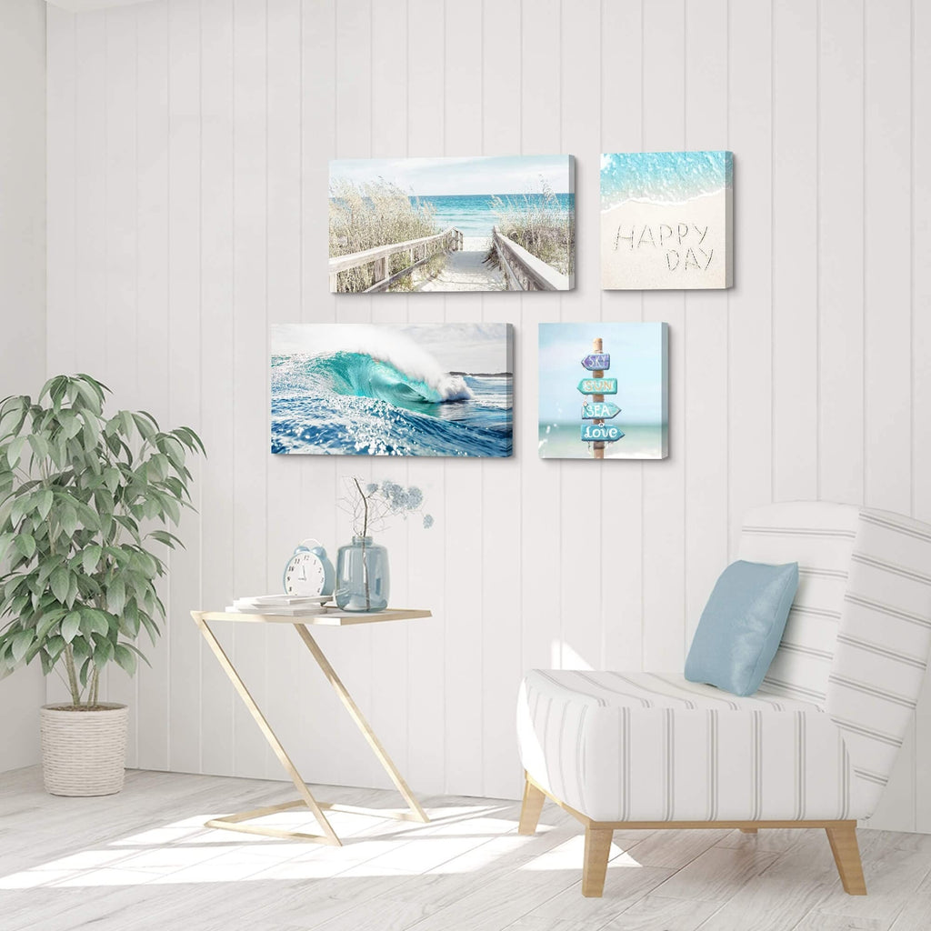 Coastal Canvas Beach Wall Art: 4 Piece Seascape Pathway Painting Surf Ocean A...