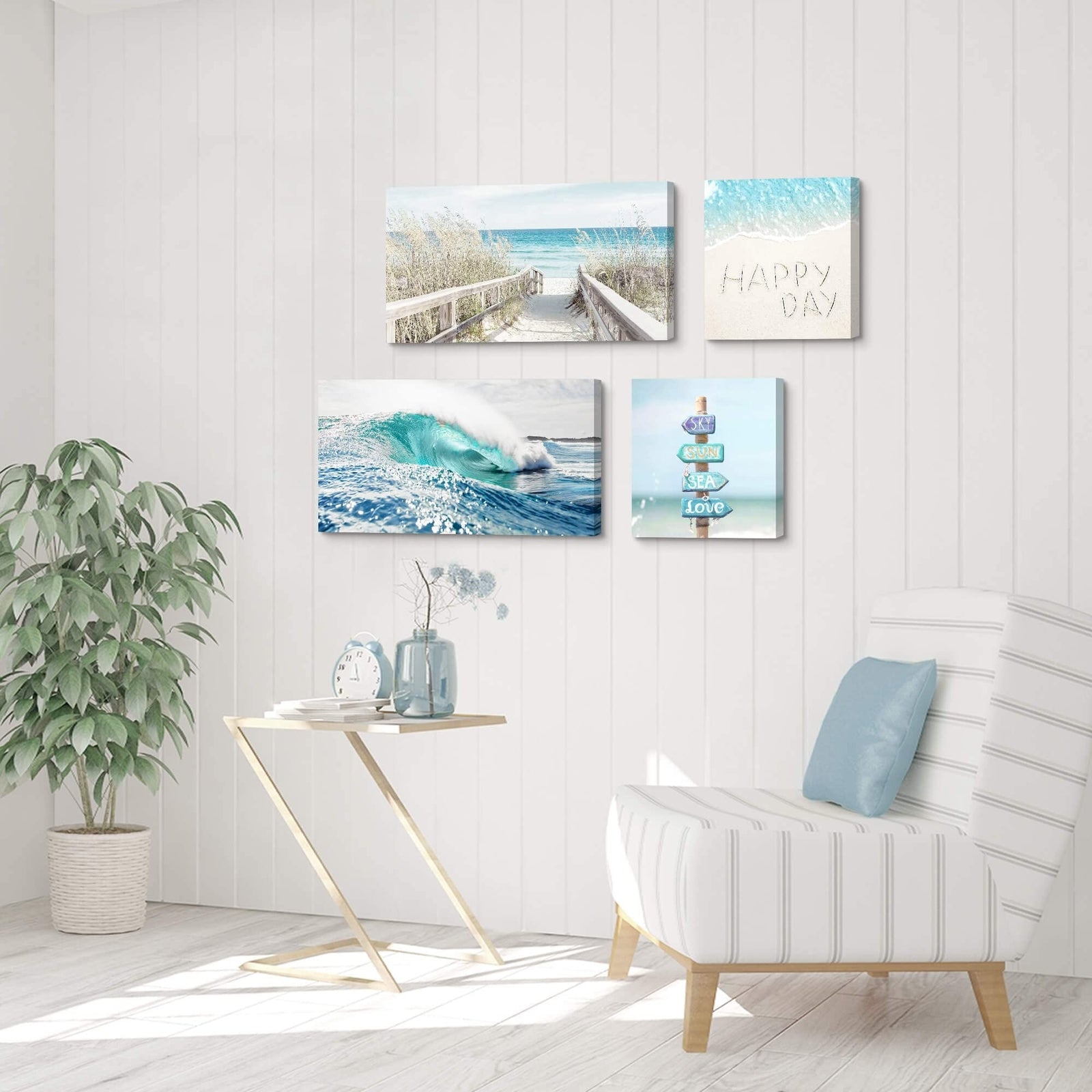 Coastal Canvas Beach Wall Art: 4 Piece Seascape Pathway Painting Surf Ocean A...
