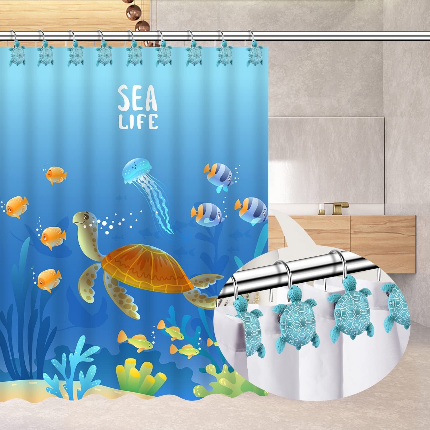 Sea Turtles Shower Curtain Hooks Rings for Bathroom, Metal Shower Curtain Hanger