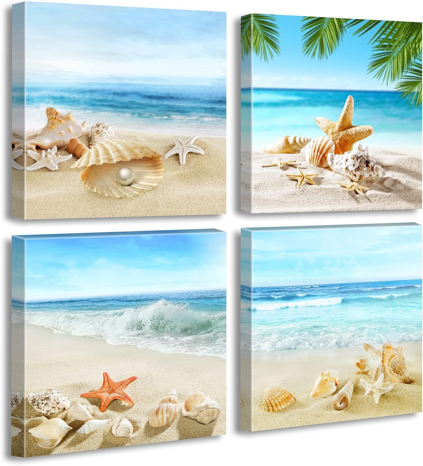 Beach Wall Art Bathroom Paintings Decor Seashell Starfish Nature Canvas Pictures Blue Ocean Theme Decorations Posters Contemporary Nautical for Bedroom…