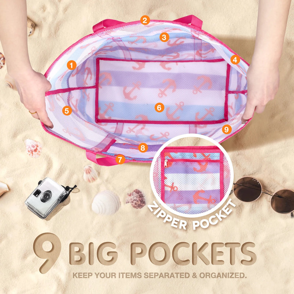 Mesh Beach Bag Rope Handles, Mesh Tote Bag for Women Contains Wicker Oversized Beach Tote Bag with 9 Small Pockets (Pink)