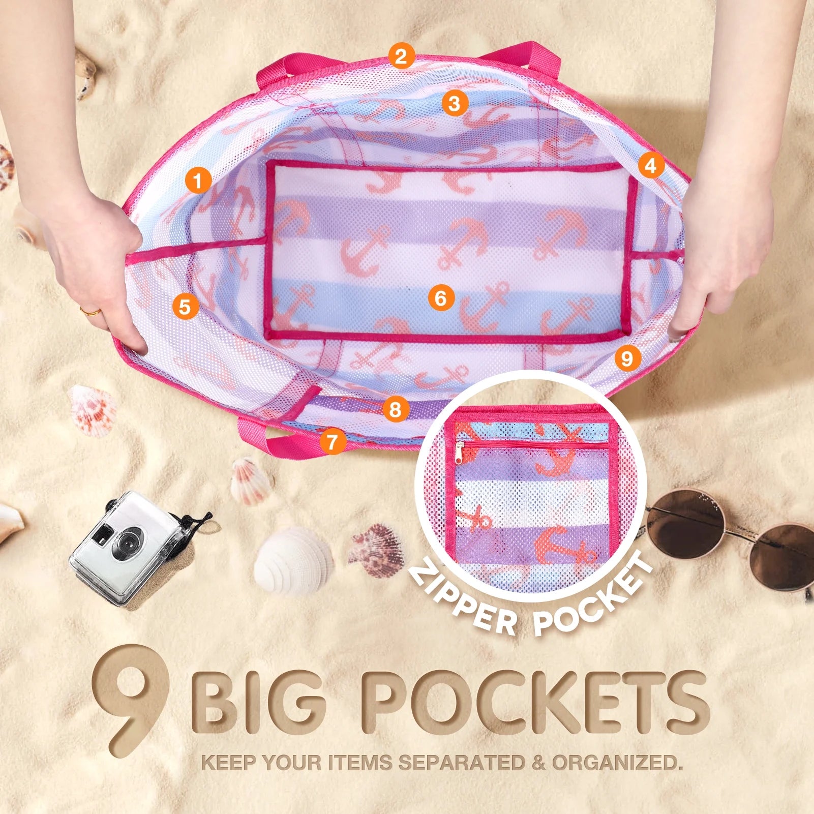 Mesh Beach Bag Rope Handles, Mesh Tote Bag for Women Contains Wicker Oversized Beach Tote Bag with 9 Small Pockets (Pink)