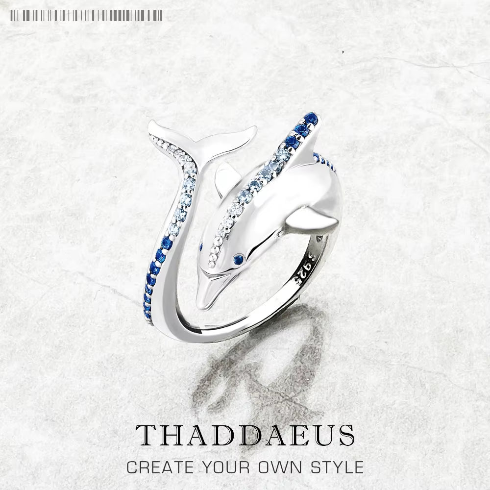 Ring Dolphin with Blue Stones Brand New Trendy Fine Jewelry Pure 925 Strerling Silver Cheerful Gift for Women