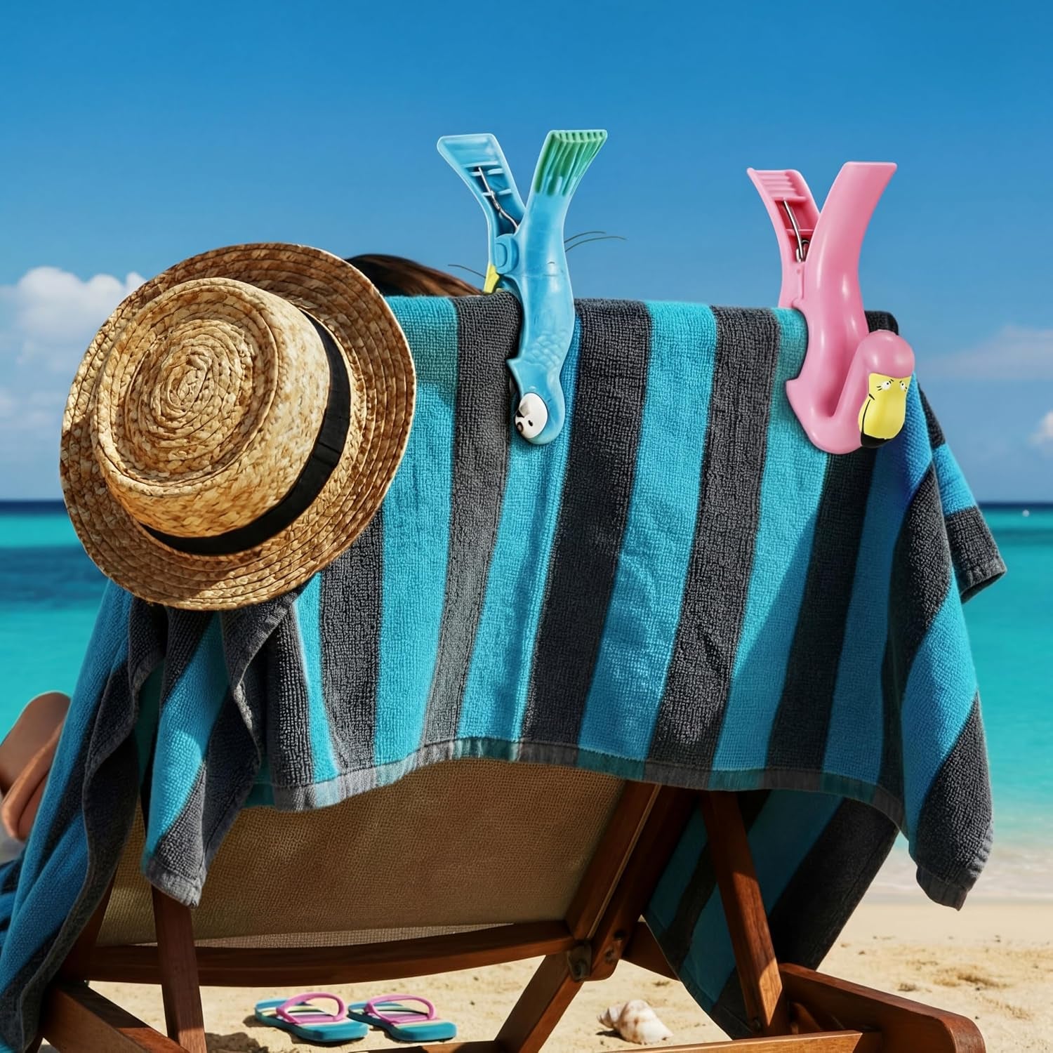 4 Pcs Beach Towel Clip Jumbo Size Windproof Towel Clips for Beach Chairs Cruise Patio Pool or Daily Secure Hold Clothes Pins(Parrot, Flamingo,Blue, Pink)