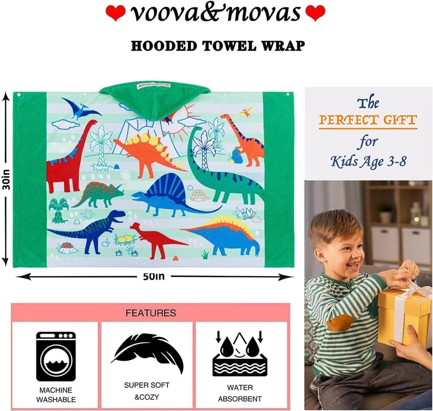 Dinosaur Toddler Hooded Towel for Boys 3-8, Large 30"X50" 100% Cotton Ultra Absorbent Wearable Wrap, Bath Towel for Beach Pool Swim, Birthday Gift for Kids