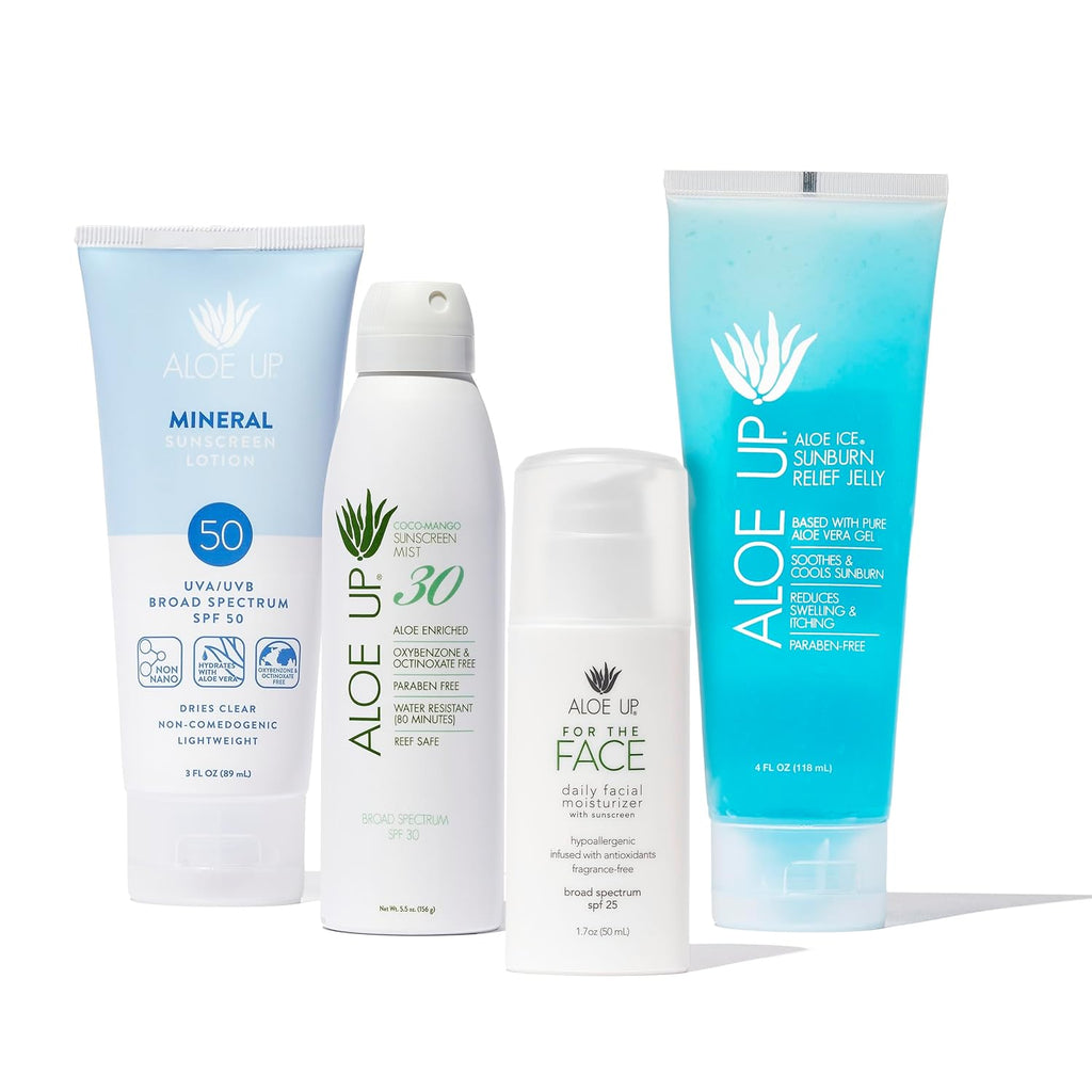 Suncare Bundle - Mineral Sunscreen Lotion SPF 50, White Collection Sunscreen Spray SPF 30, Aloe Ice Sunburn Relief Jelly, SPF 25 Daily Moisturizer - 4 Items