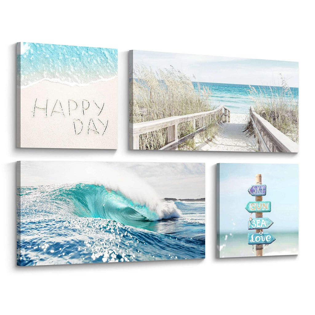 Coastal Canvas Beach Wall Art: 4 Piece Seascape Pathway Painting Surf Ocean A...