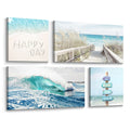 Coastal Canvas Beach Wall Art: 4 Piece Seascape Pathway Painting Surf Ocean A...
