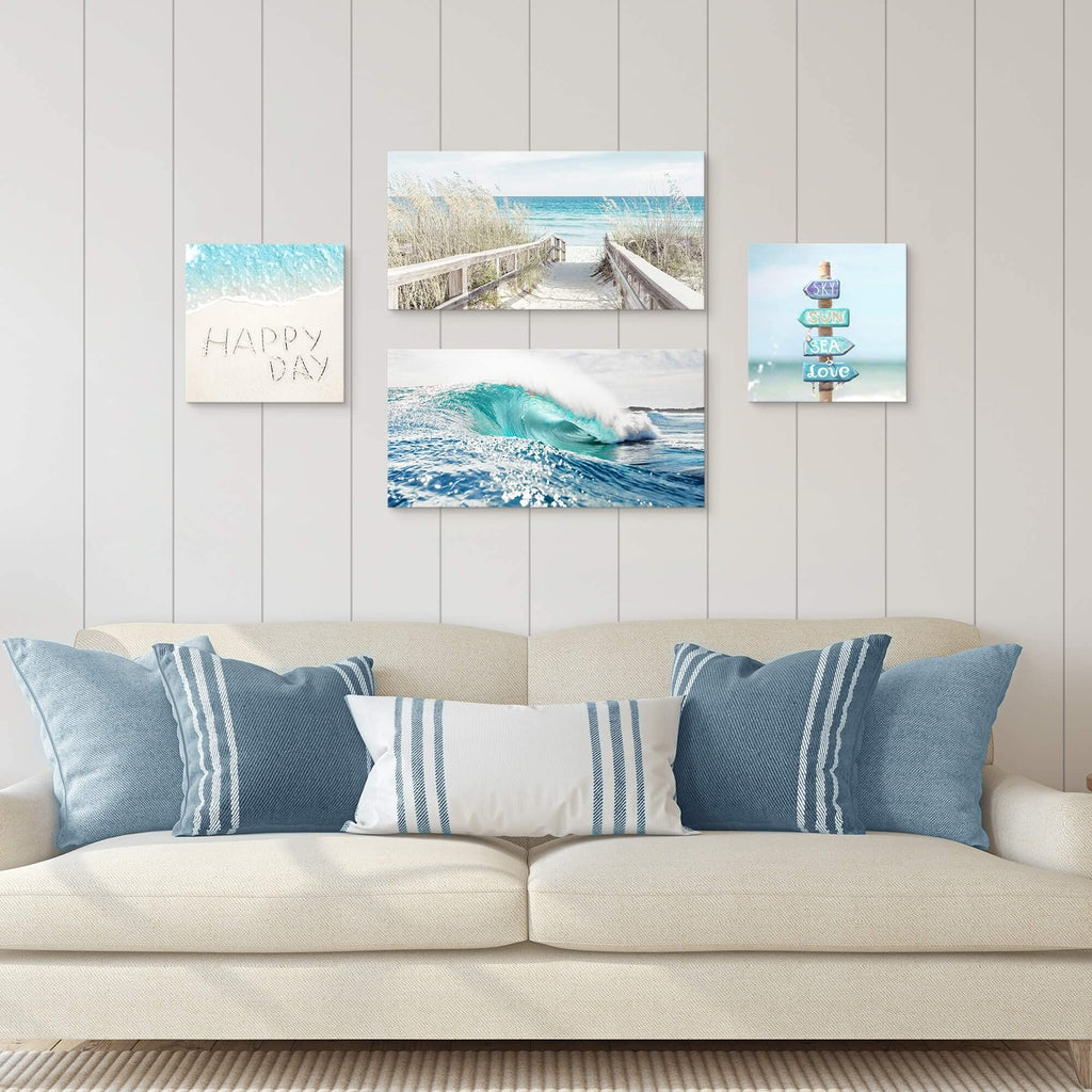 Coastal Canvas Beach Wall Art: 4 Piece Seascape Pathway Painting Surf Ocean A...