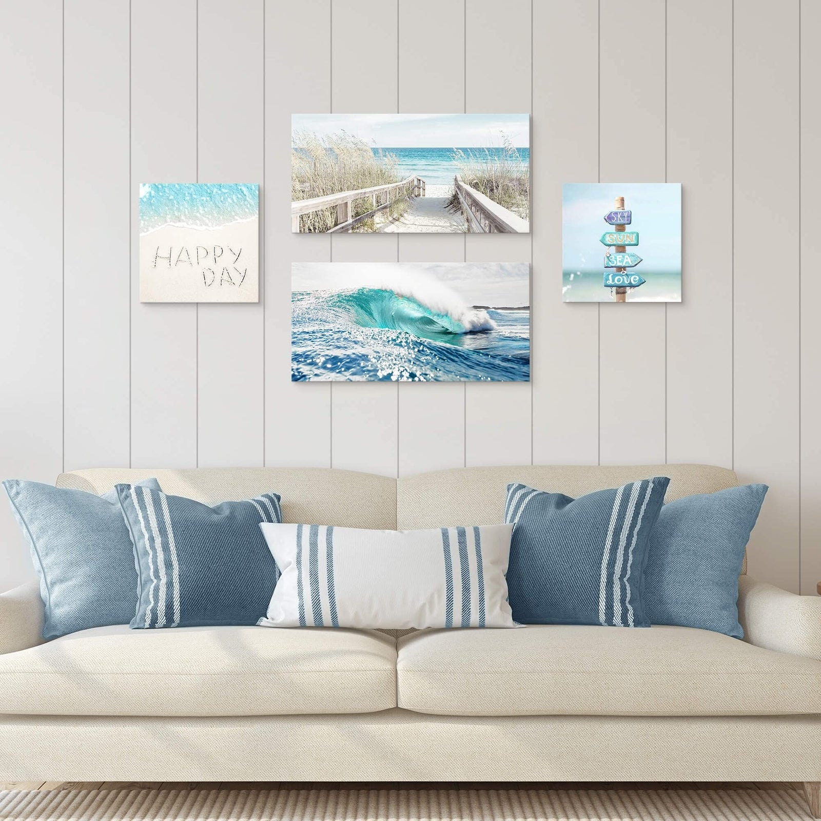 Coastal Canvas Beach Wall Art: 4 Piece Seascape Pathway Painting Surf Ocean A...