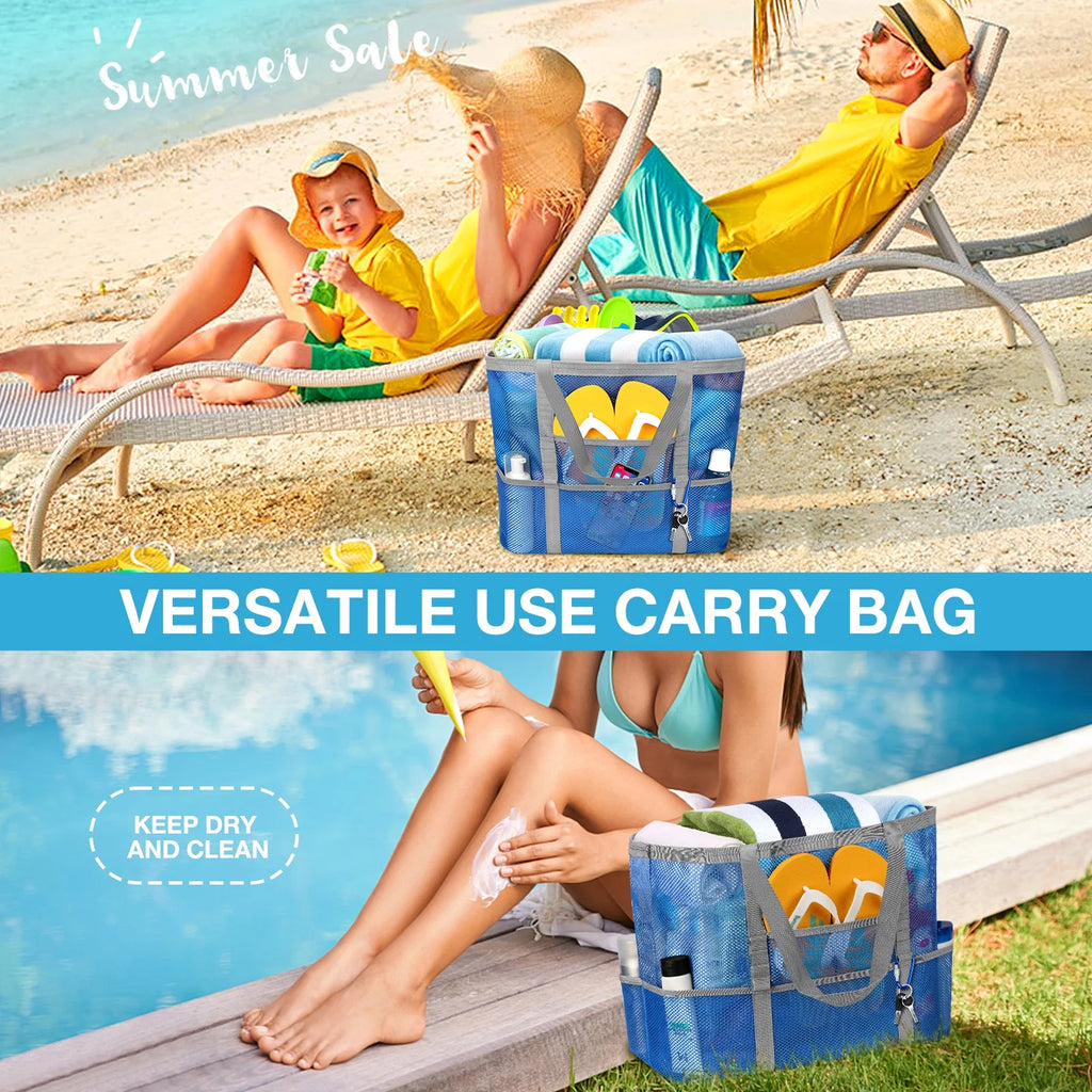 Mesh Beach Bag Rope Handles, Mesh Tote Bag for Women Contains Wicker Oversized Beach Tote Bag with 9 Small Pockets (Blue)