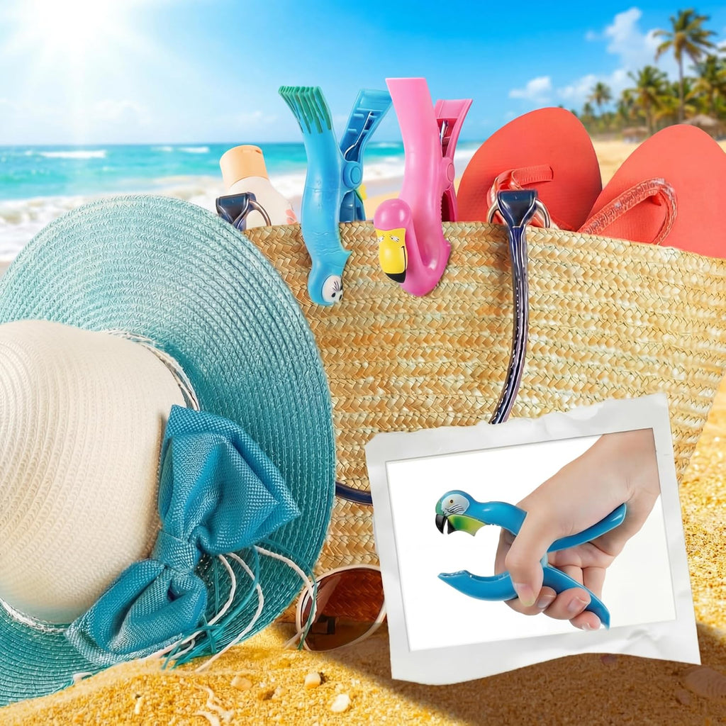 4 Pcs Beach Towel Clip Jumbo Size Windproof Towel Clips for Beach Chairs Cruise Patio Pool or Daily Secure Hold Clothes Pins(Parrot, Flamingo,Blue, Pink)